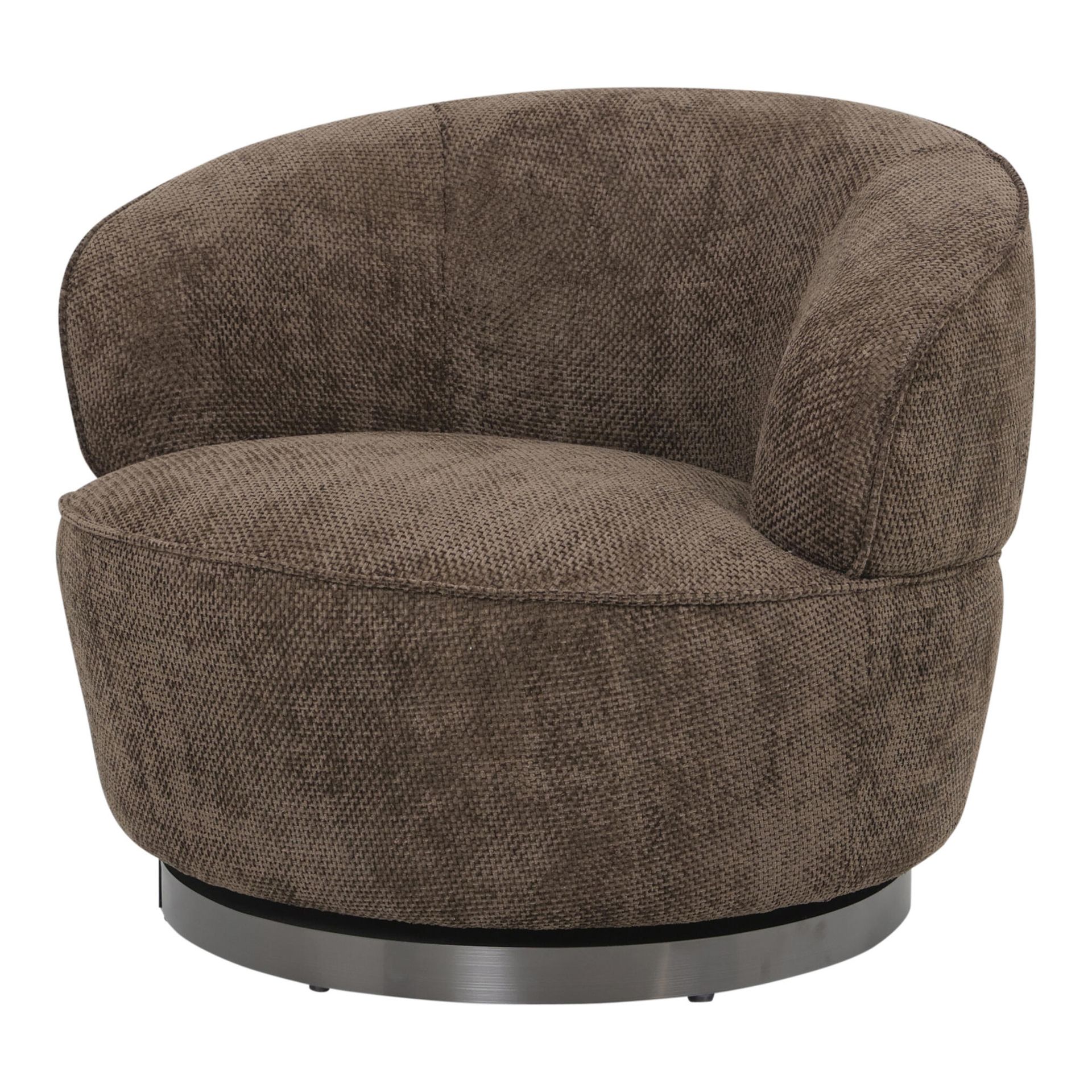 Bruine gestoffeerde draaibare fauteuil met afgeronde rugleuning en donkere voet.