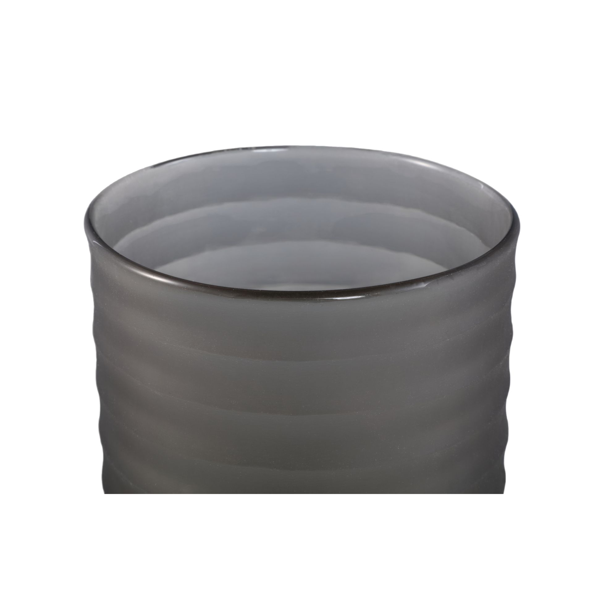 Grijze cilindrische metalen container met een licht taps toelopende bovenkant, geïsoleerd op een witte achtergrond.