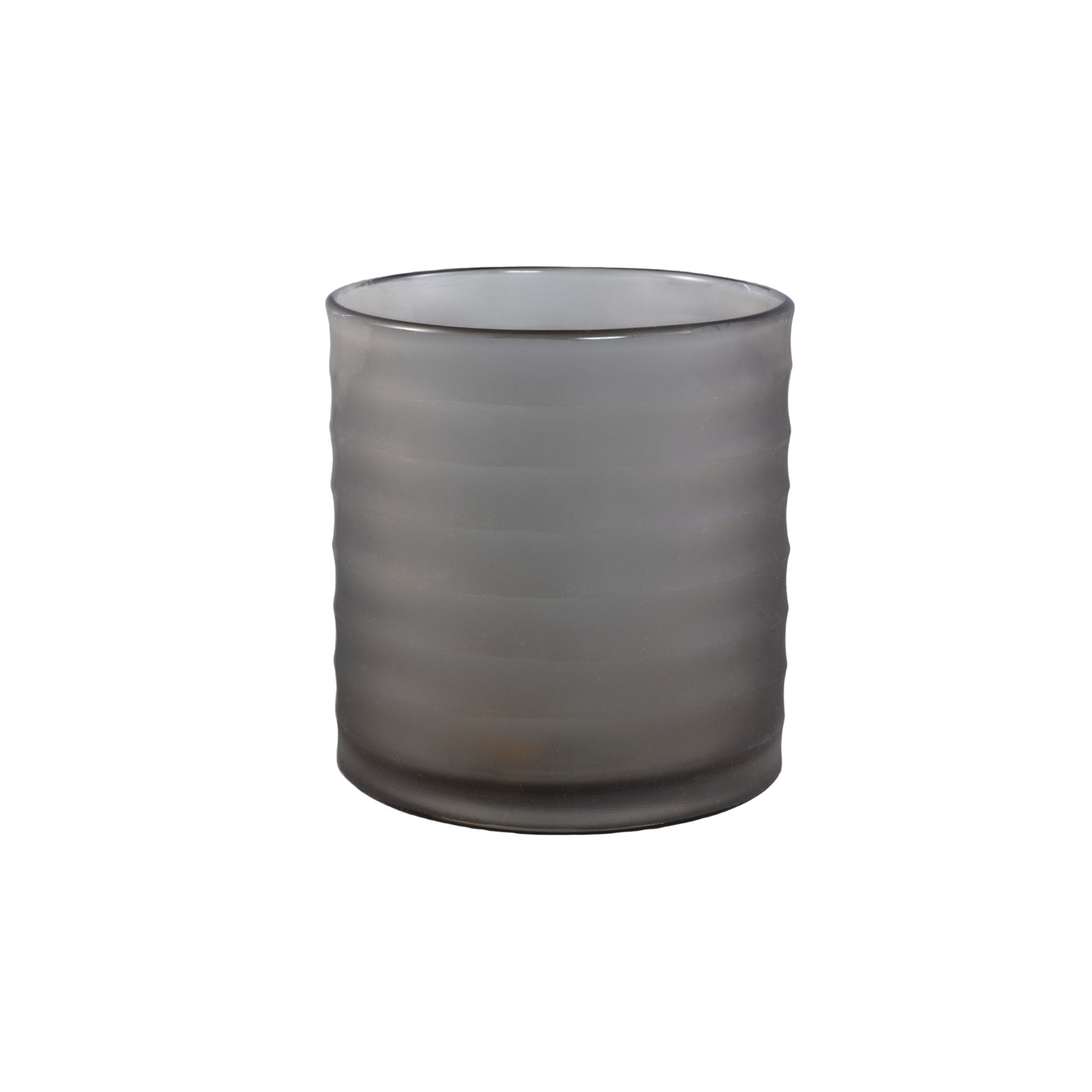 Grijze cilindrische metalen container met een licht taps toelopende bovenkant, geïsoleerd op een witte achtergrond.