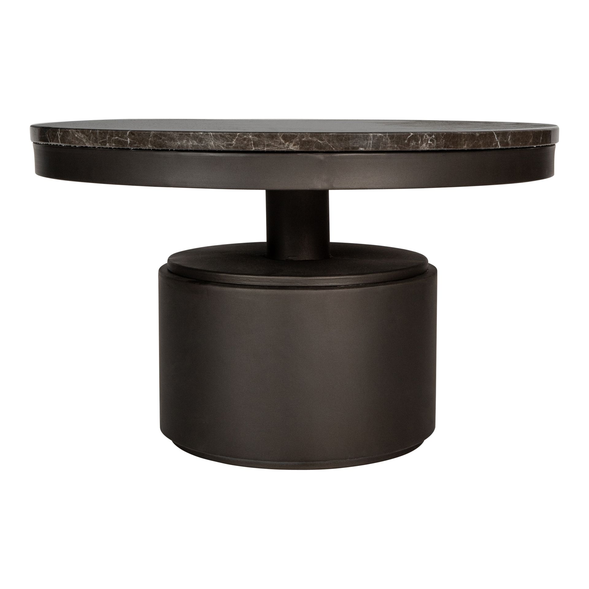 Zwarte ronde tafel met een dikke cilindrische voet op een witte achtergrond.