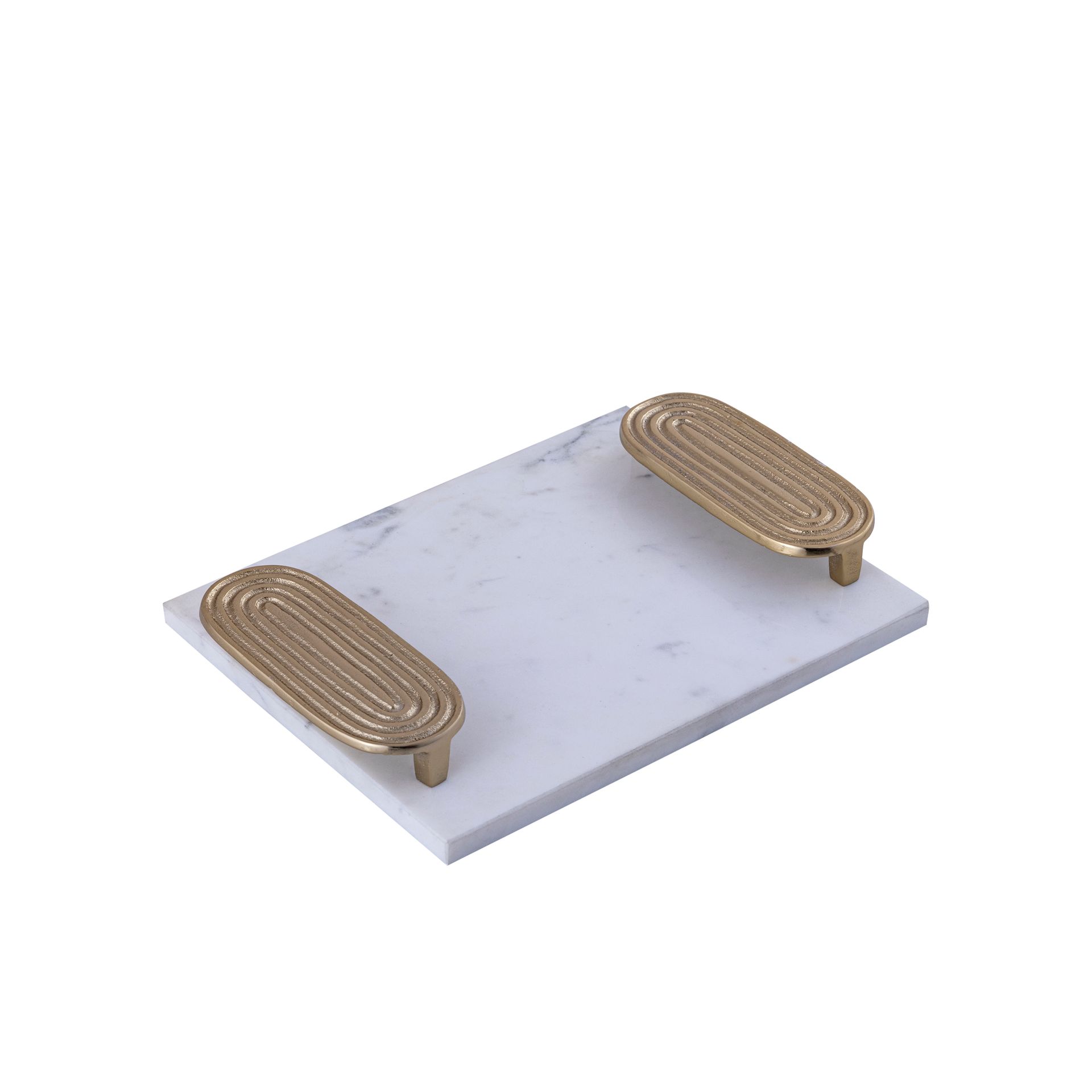 Witte rechthoekige voet met twee messingkleurige, gegroefde voetpedalen erbovenop.