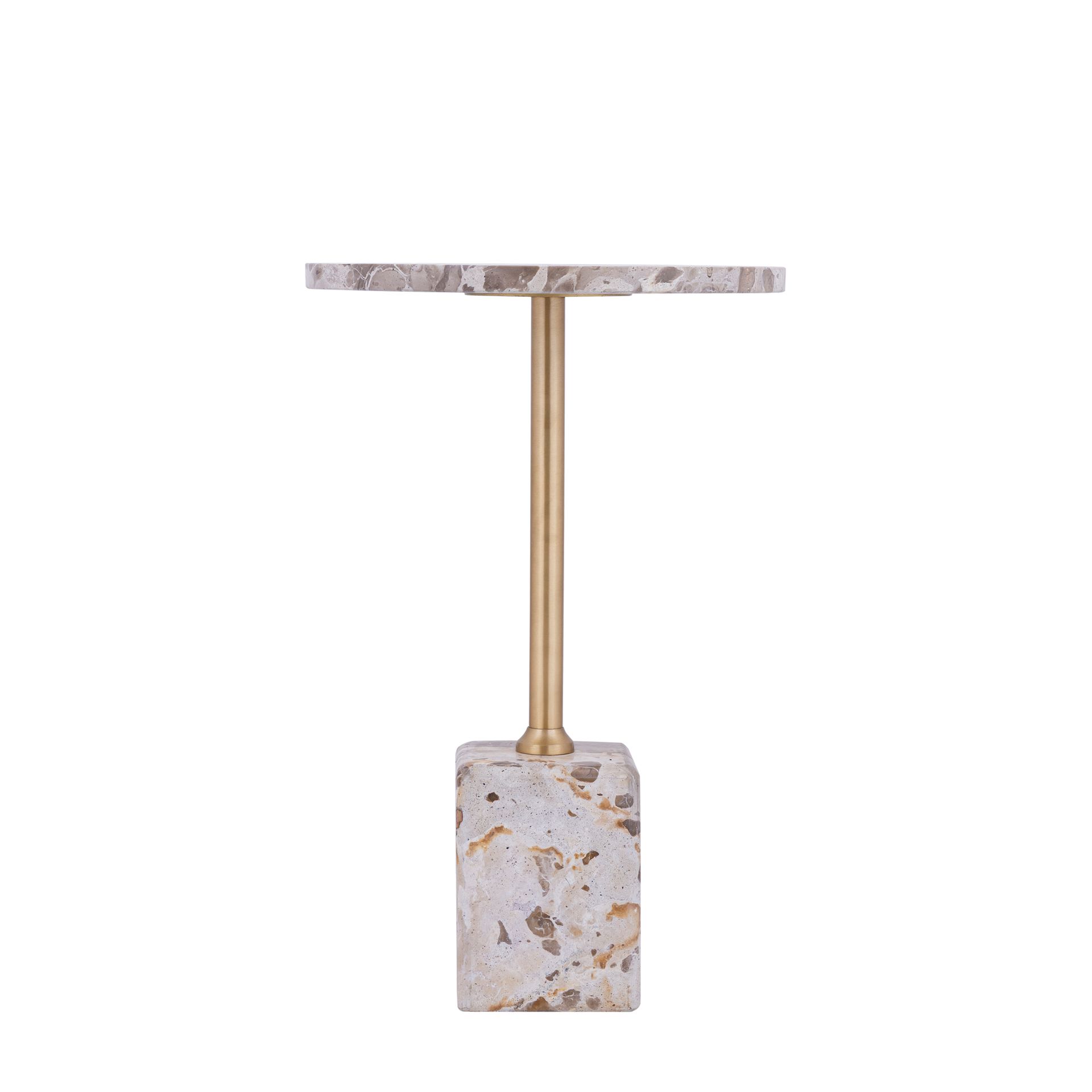 Moderne geometrische bijzettafel met een gouden poot en een blad en voet in een wit marmerachtig design.