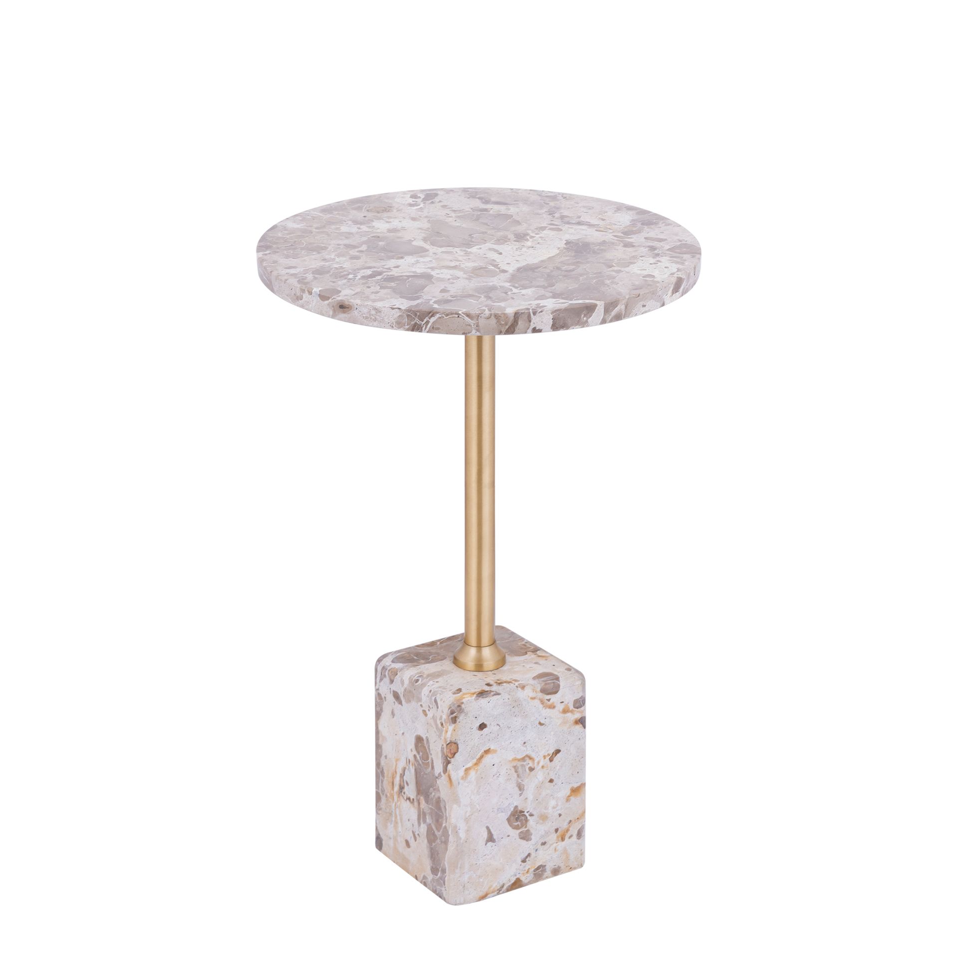Moderne geometrische bijzettafel met een gouden poot en een blad en voet in een wit marmerachtig design.