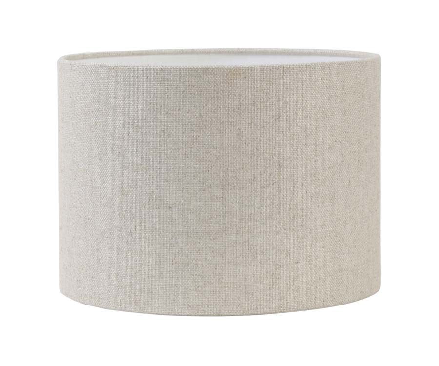 Beige, gestructureerde cilindrische lampenkap op een witte achtergrond