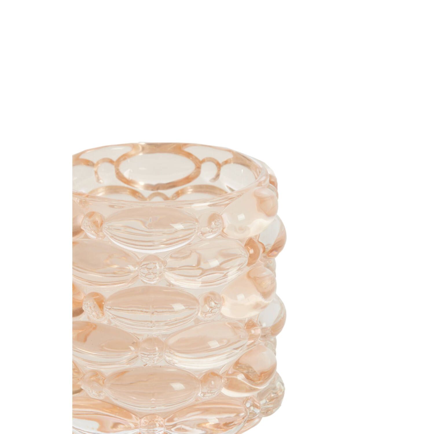 Een helder, geribbeld glazen drinkglas met een oranje tint, gecentreerd op een witte achtergrond.