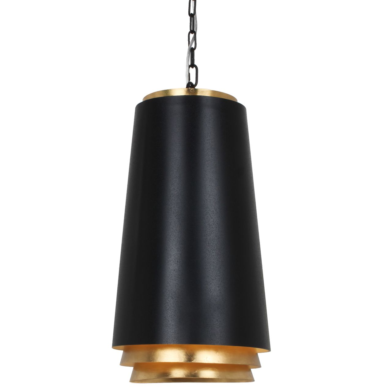 Een zwarte en gouden hanglamp, hangend aan een ketting.