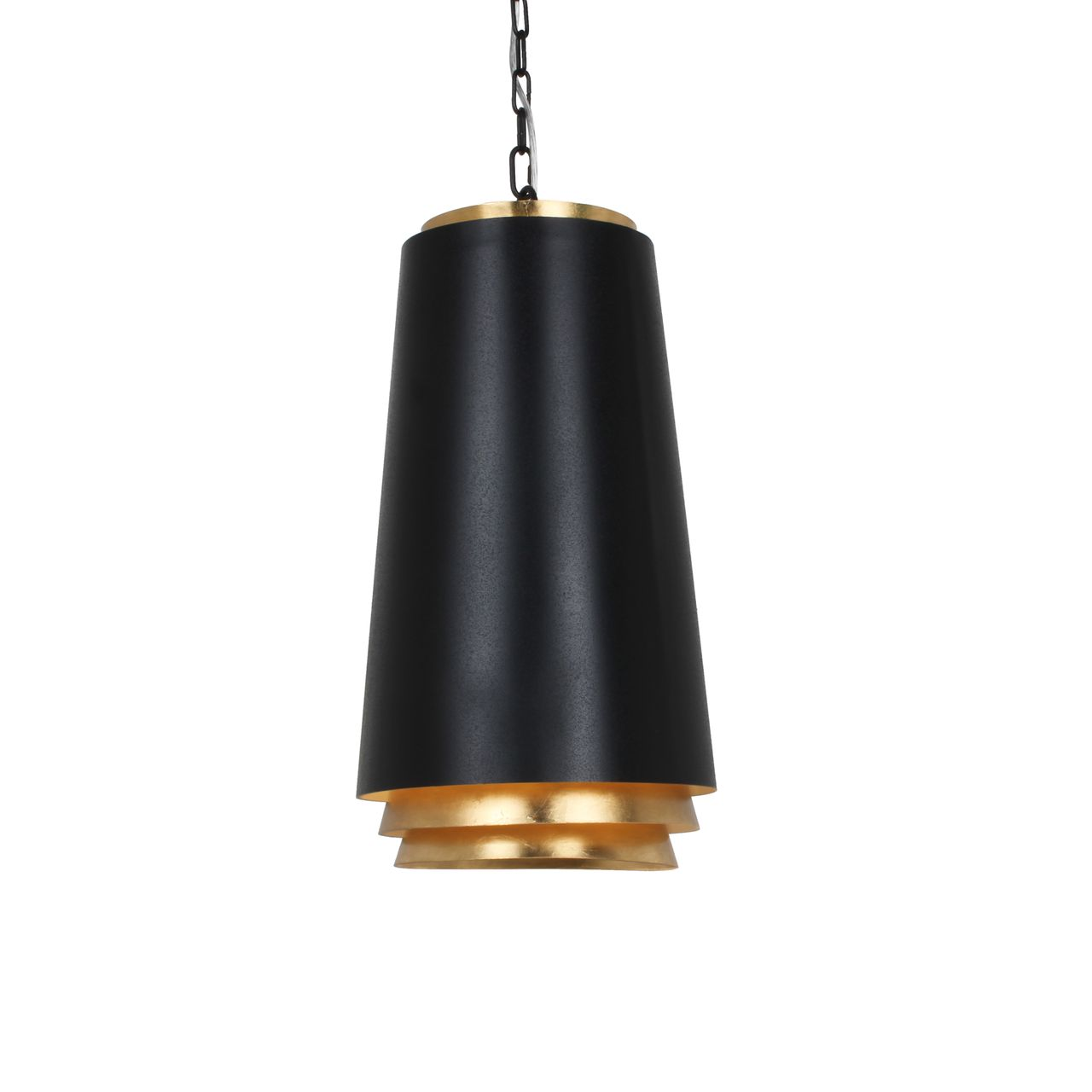 Zwarte en gouden hanglamp met een cilindrische, gelaagde kap die aan een ketting hangt.