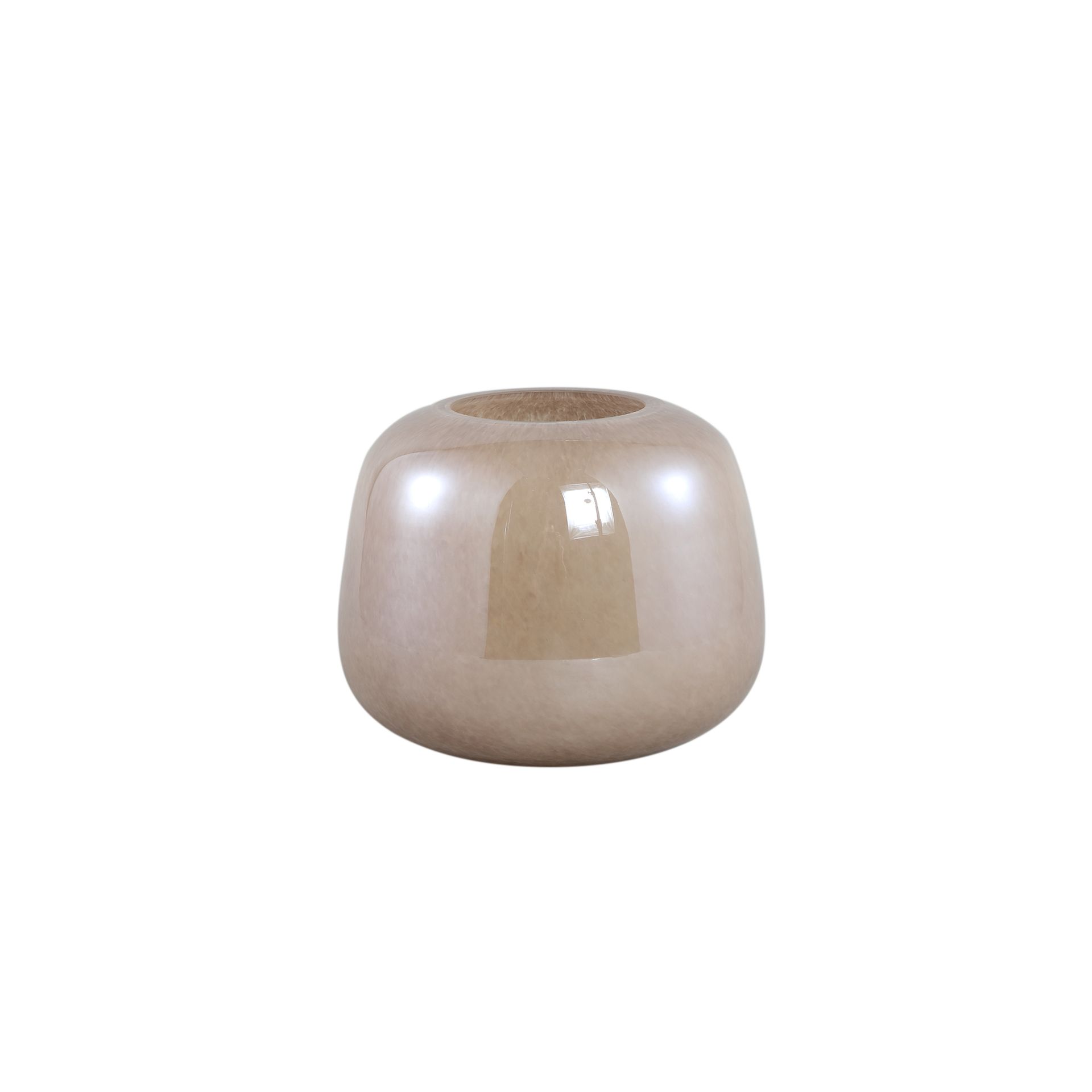 Kleine beige keramische plantenpot met een glanzende afwerking, afgebeeld op een witte achtergrond.