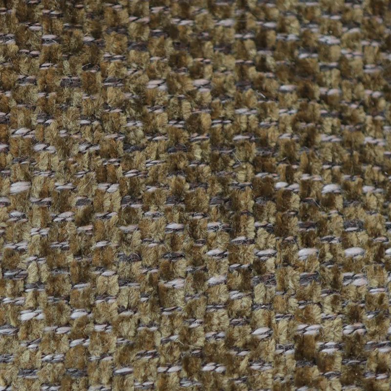 Detailopname van de textuur van een geweven stof in bruin en beige.