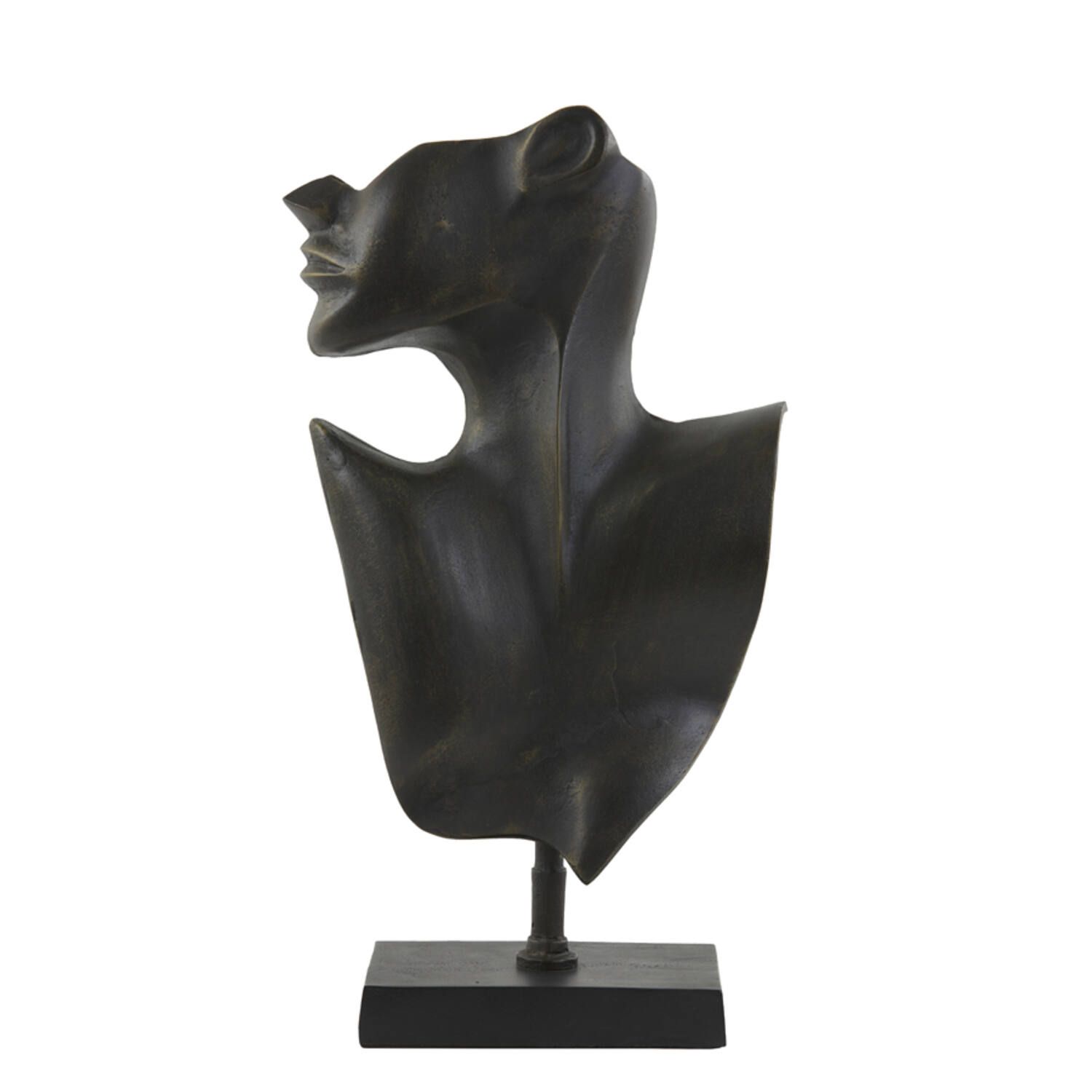 Abstracte, zwarte, modern ornament face op een rechthoekige sokkel in mat donker brons, zwart.