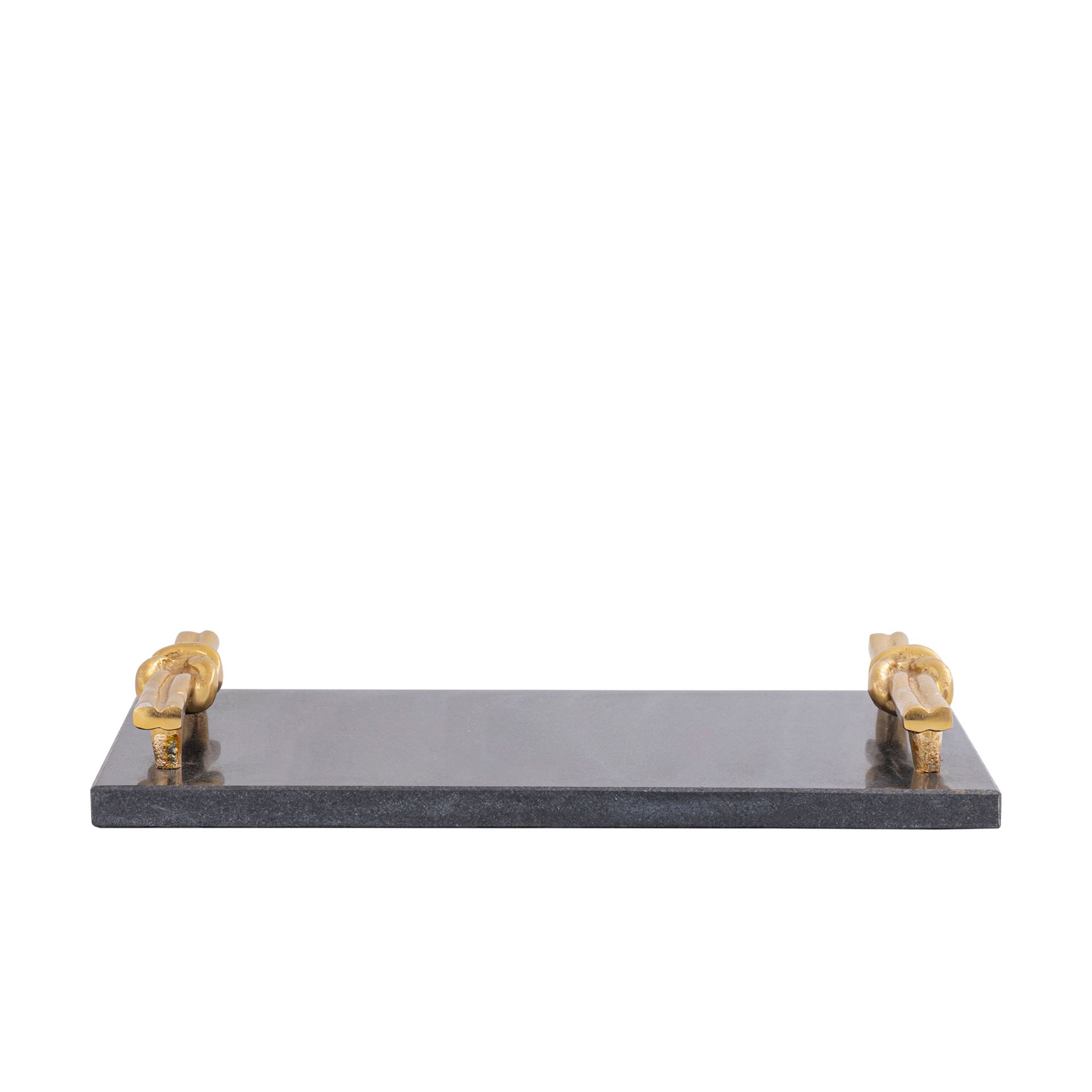 Klein zwart plankje met twee gouden decoratieve accenten op een witte achtergrond.