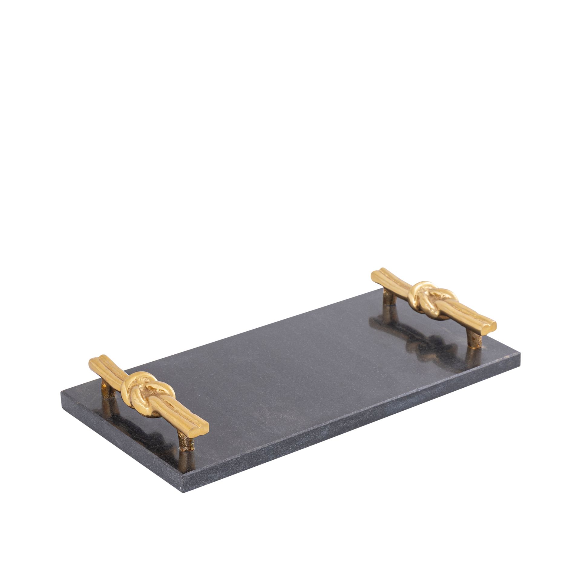 Klein zwart plankje met twee gouden decoratieve accenten op een witte achtergrond.