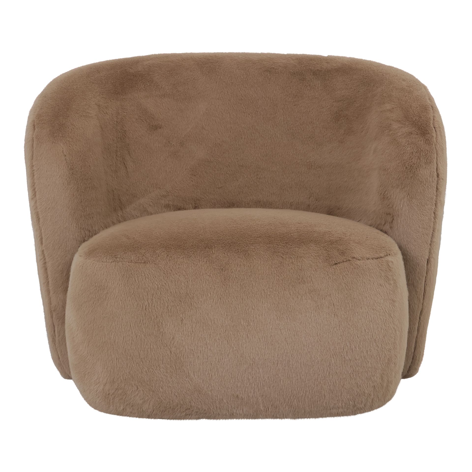 Bruine pluche fauteuil met een afgeronde rugleuning en zitkussen.