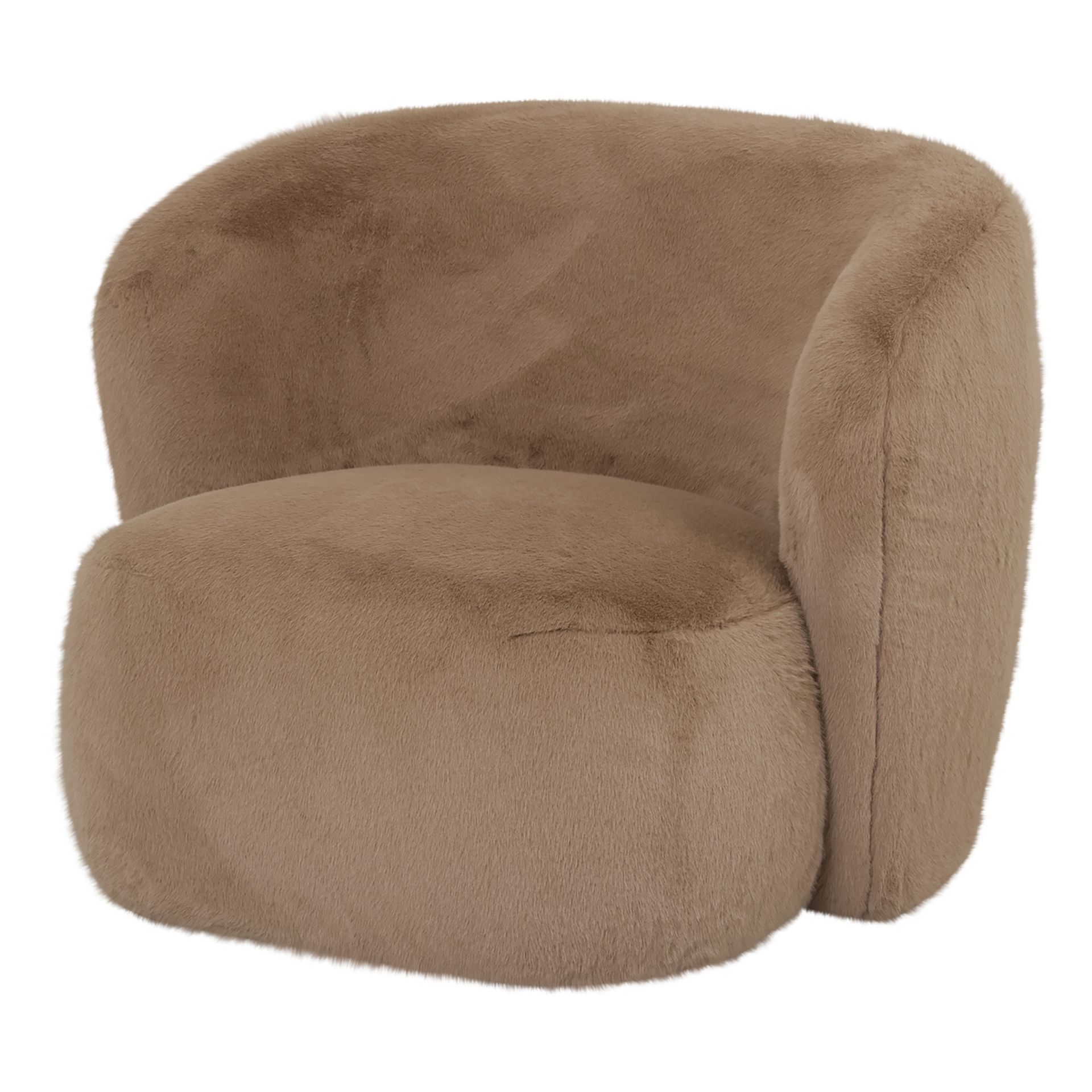 Bruine pluche fauteuil met een afgeronde rugleuning en zitkussen.