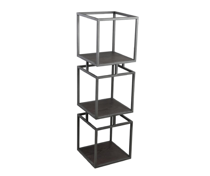 Drielaags metalen stellingkast met donkere planken en een lichtgrijs frame op een witte achtergrond.