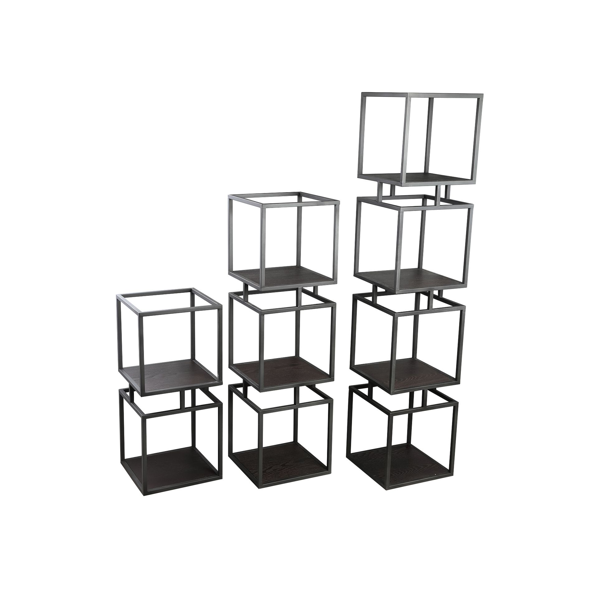 Drielaags metalen stellingkast met donkere planken en een lichtgrijs frame op een witte achtergrond.