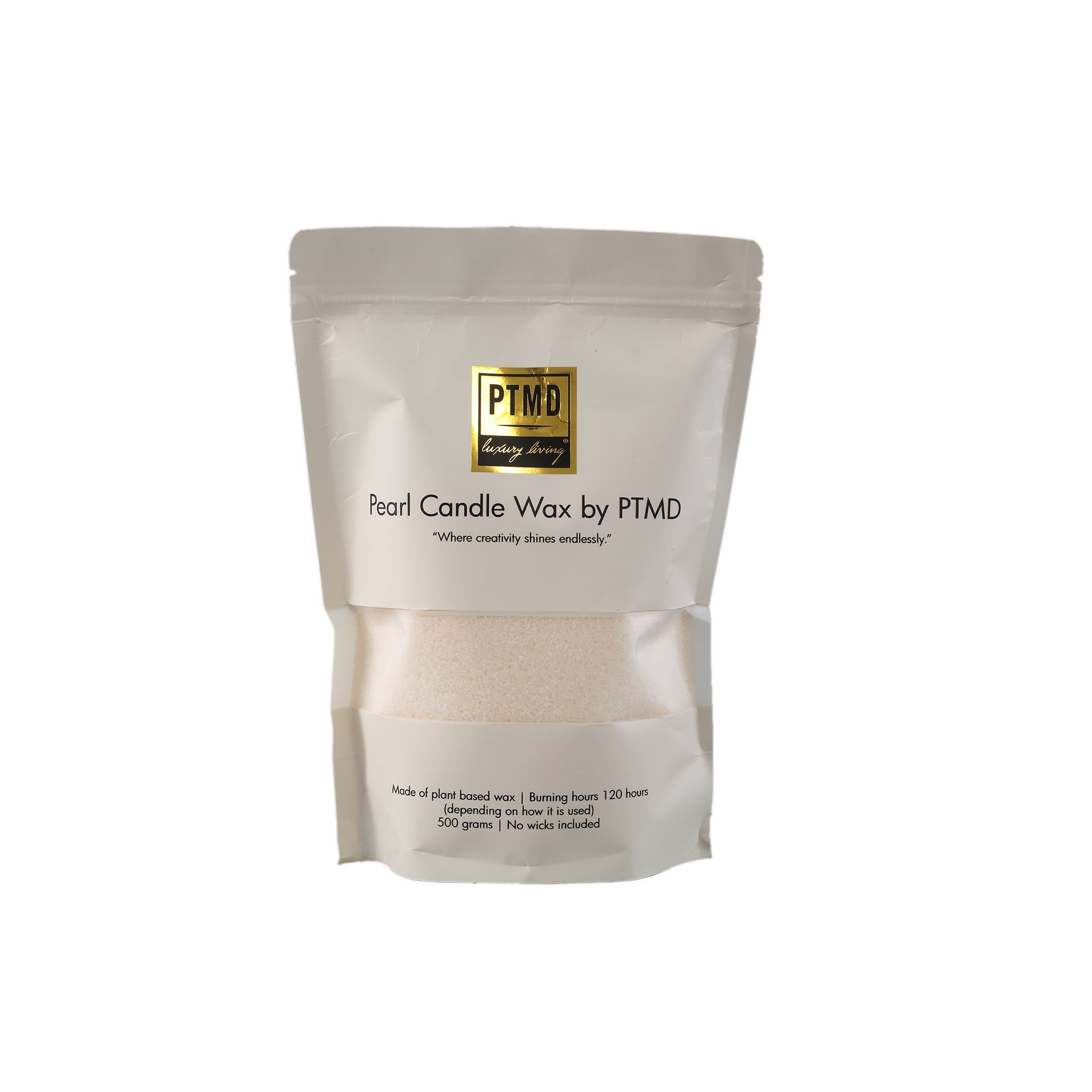 Witte, hersluitbare staande zak met beige etiket en zwart logo op een effen achtergrond.