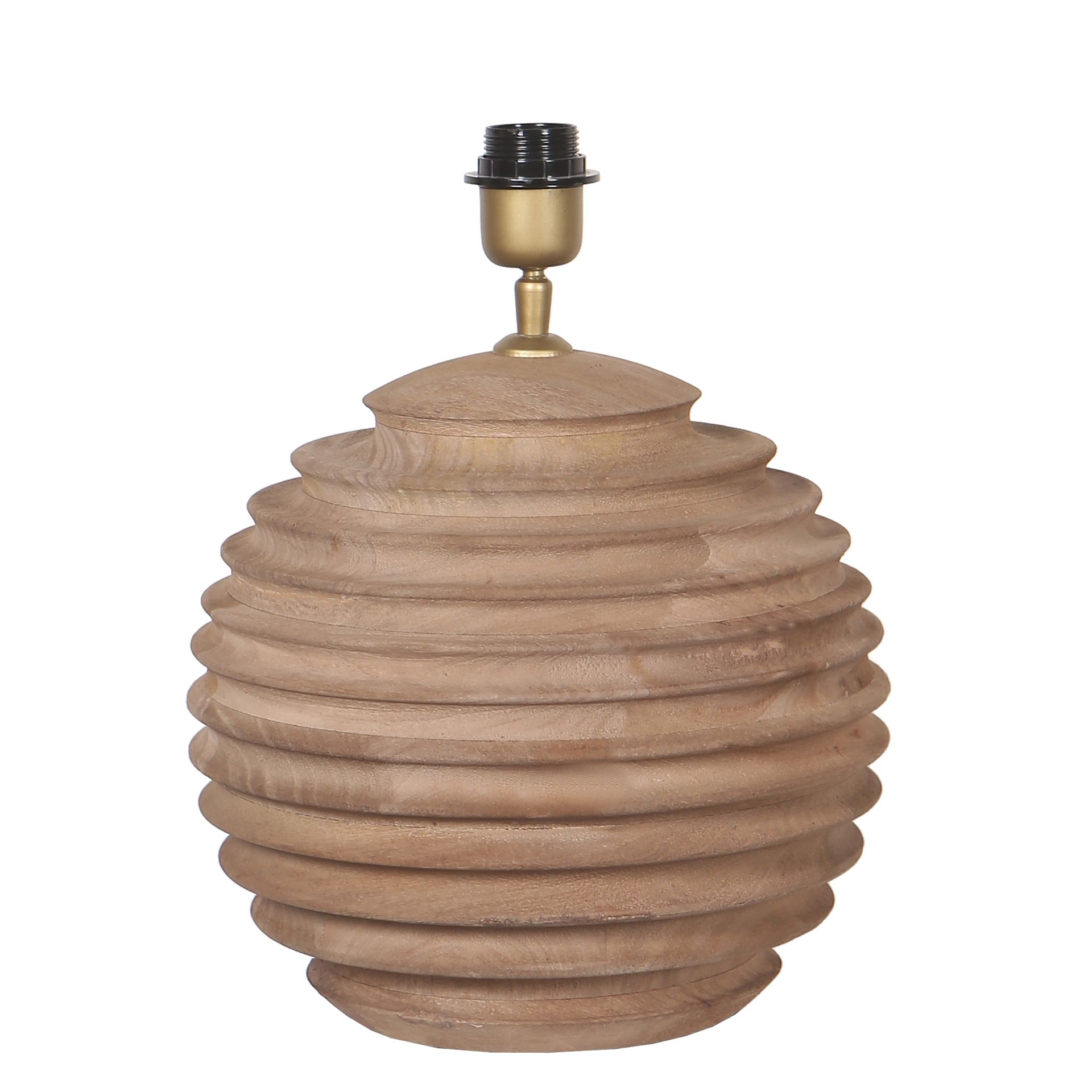 Beige geribbelde keramische lampvoet met messing fitting, geïsoleerd op een witte achtergrond.