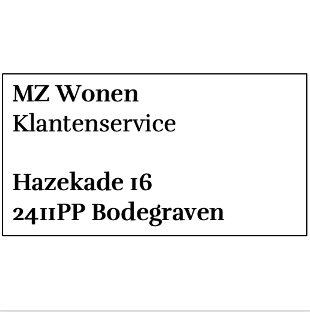 MZ Wonen adres van de klantenservice en het afhaaladres: Hazekade 16, 2411PP Bodegraven.