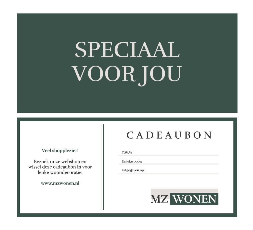 Cadeaubon van MZ Wonen, op een donkergroene achtergrond met de tekst
