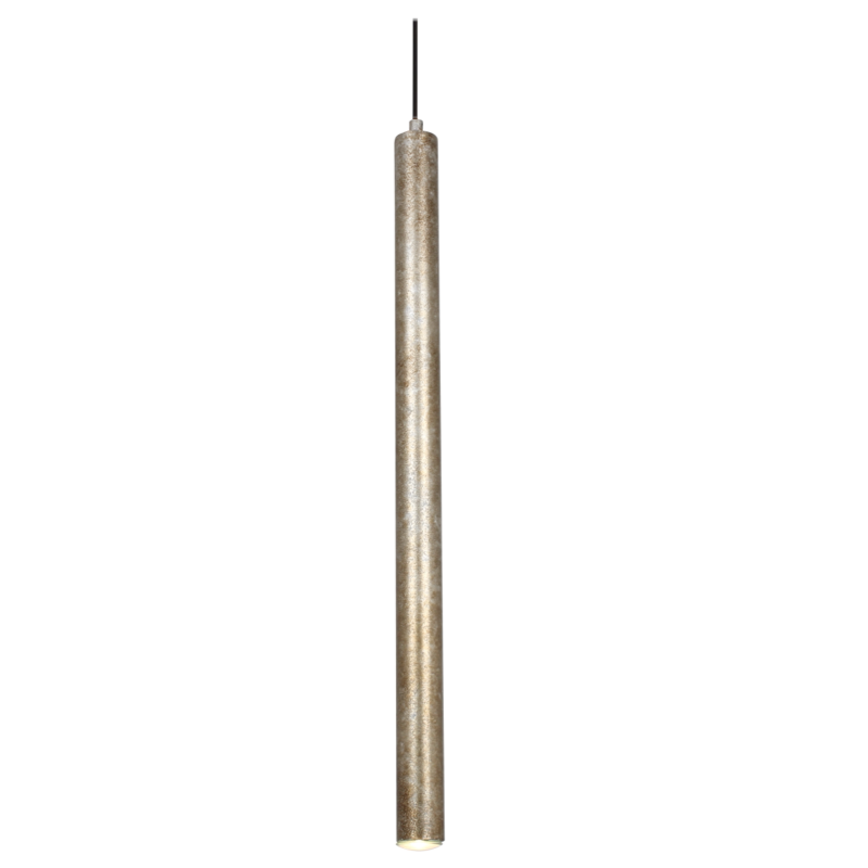 Lange, cilindrische gouden hanglamp met een gestructureerd oppervlak, hangend aan een zwarte draad.