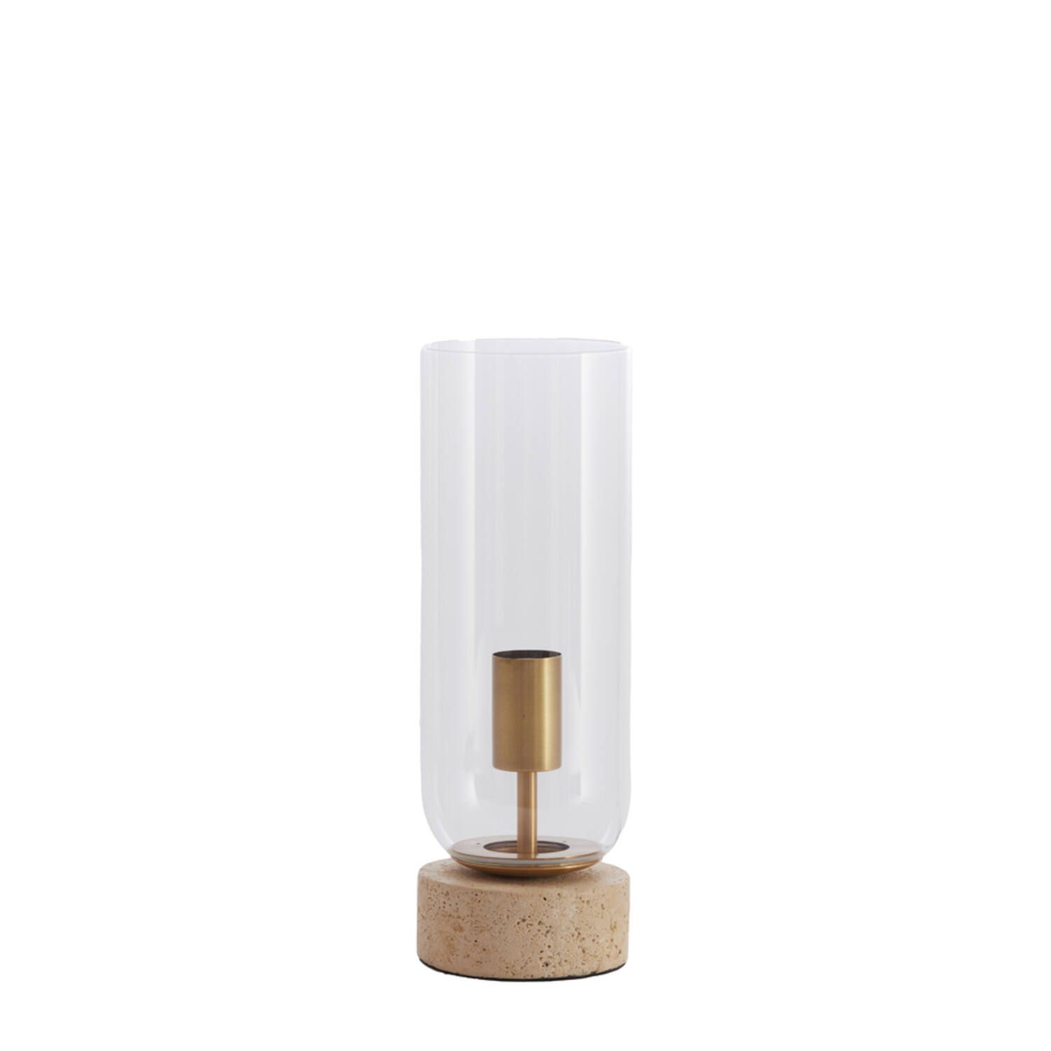 Cilindrische glazen lamp met gouden accenten op een kurken voet tegen een witte achtergrond.