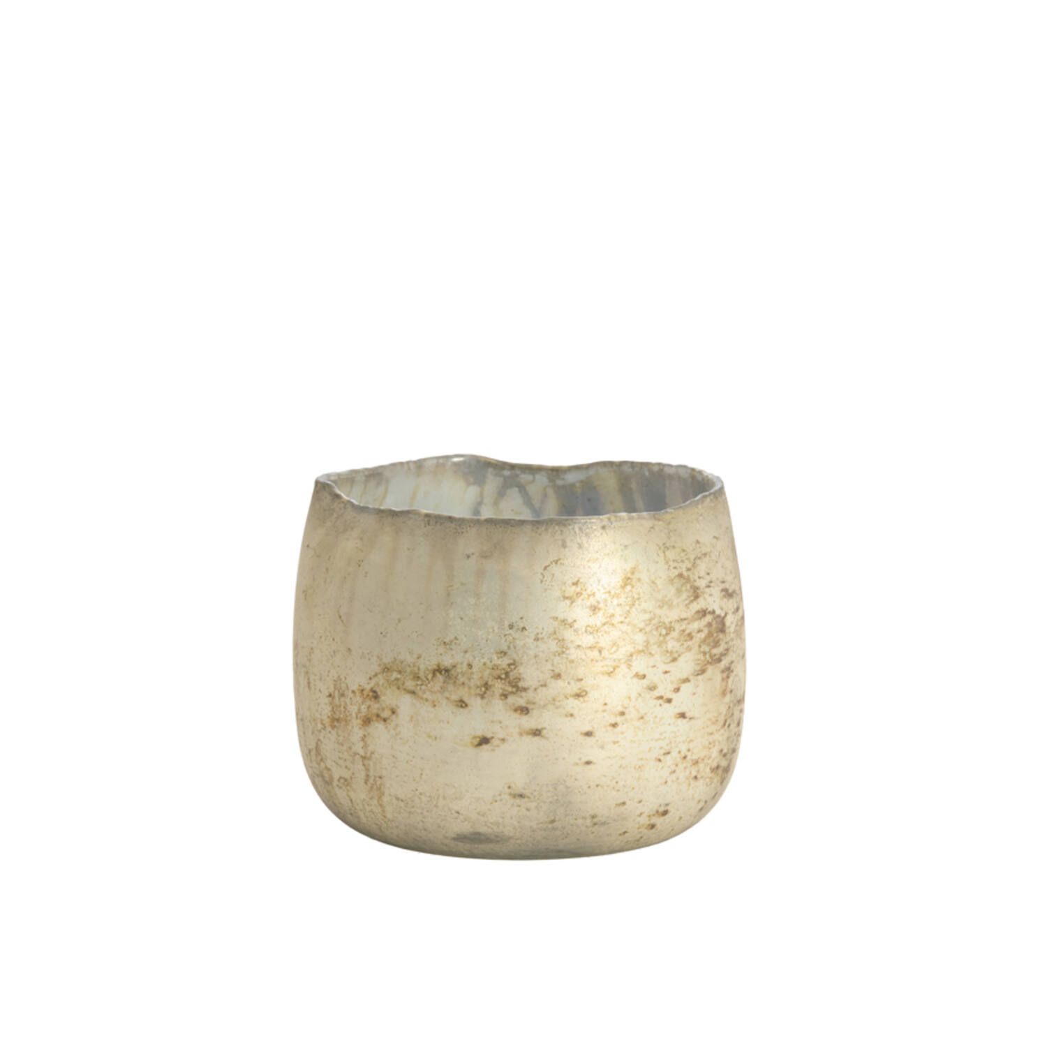 Glazen theelicht, thealight, met een ruwe afwerking in een matt antique grijs-bruin kleur.