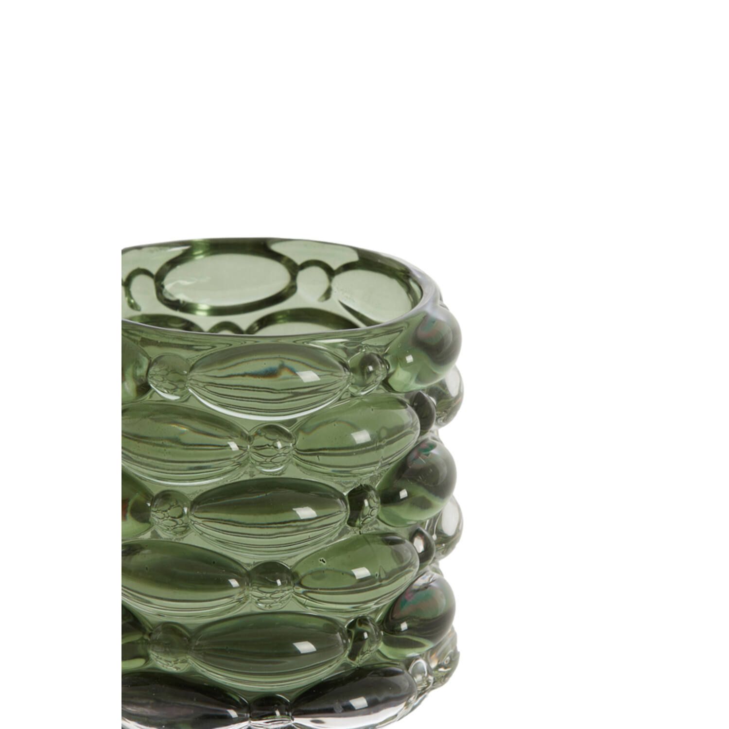 Groene, getextureerde glazen votiefkaarsenhouder met een afgerond, gelaagd ontwerp.