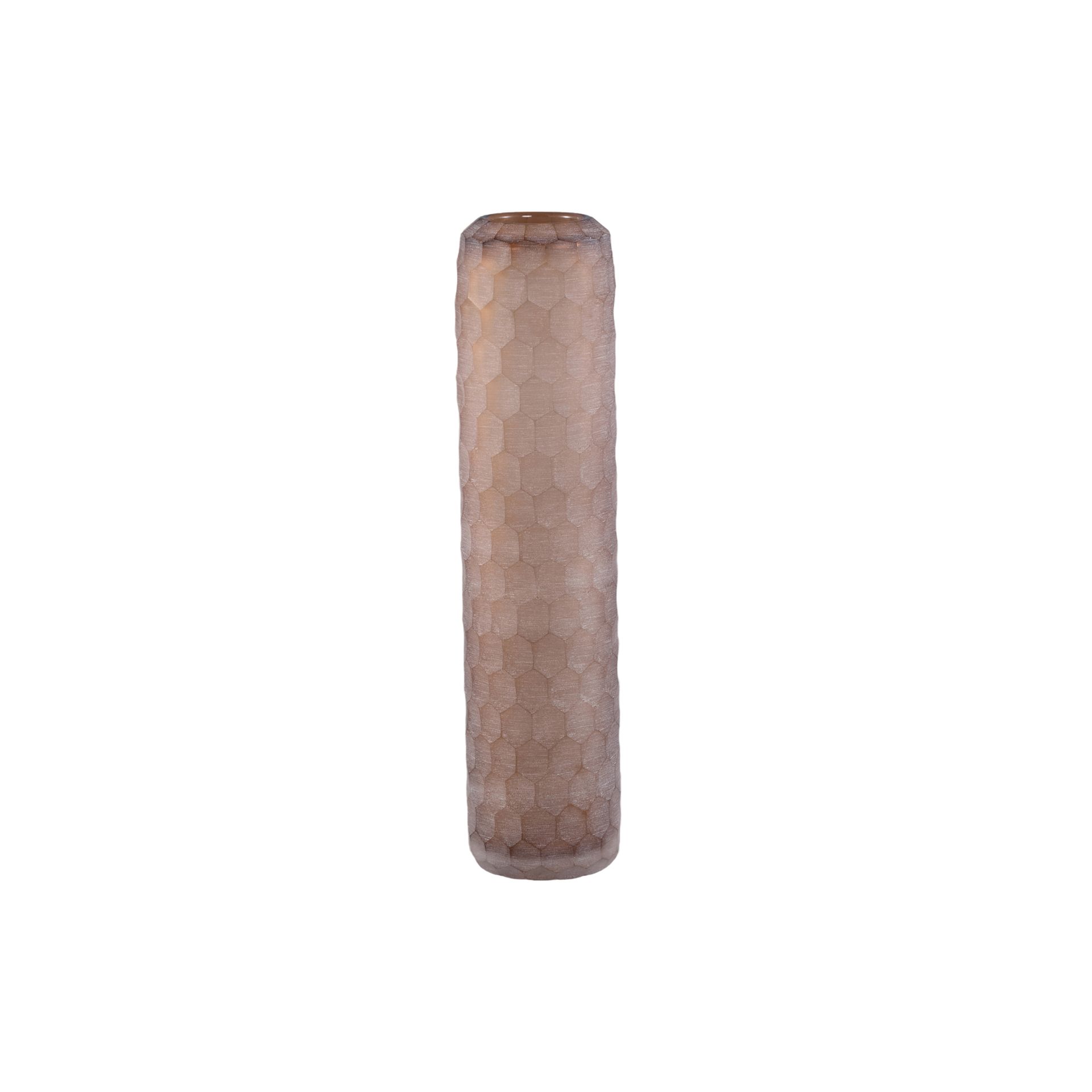 Een smal, bruin, cilindrisch object dat rechtop staat op een witte achtergrond.