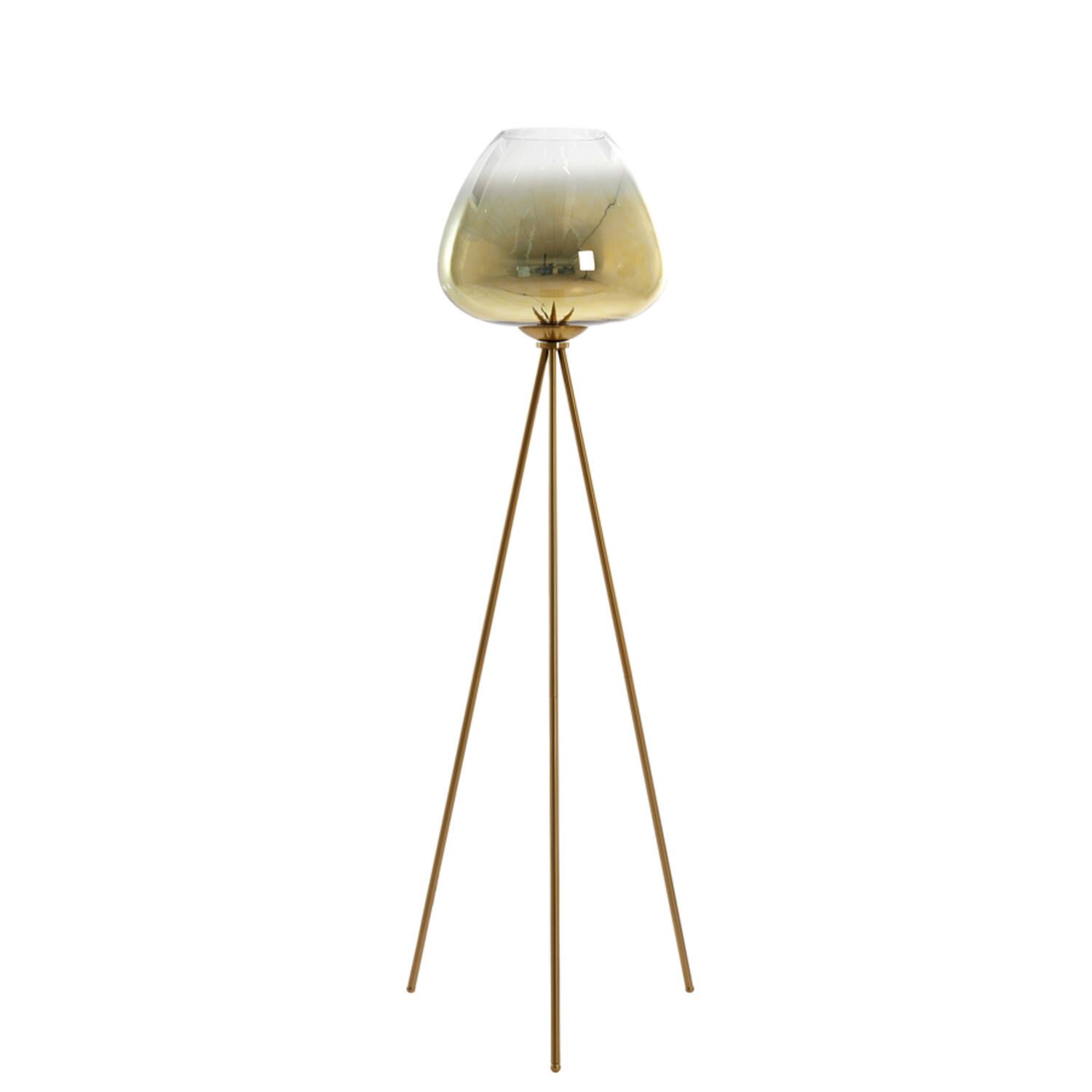 Moderne gouden vloerlamp met een taps toelopende kap en drie slanke poten.