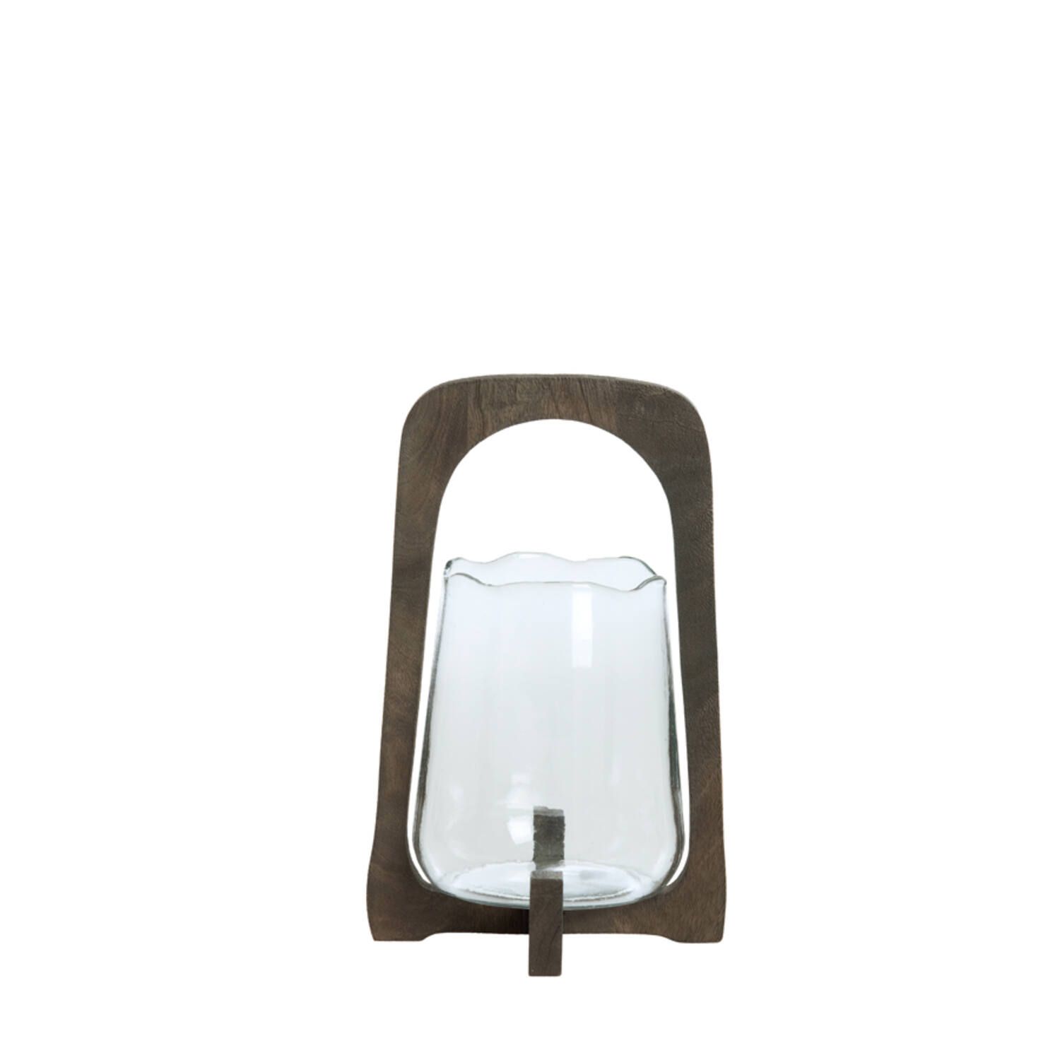 Bruin omlijste wandlamp met matglazen lampenkap en zichtbare lamp aan de binnenkant.