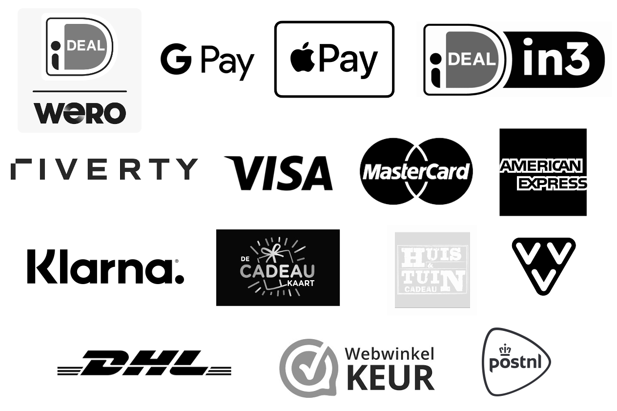 Logo's betaalmethoden, o.a. iDEAL, Google Pay, Apple Pay, Klarna, Visa en Mastercard. Verzendmethode PostNL. WebwinkelKeur