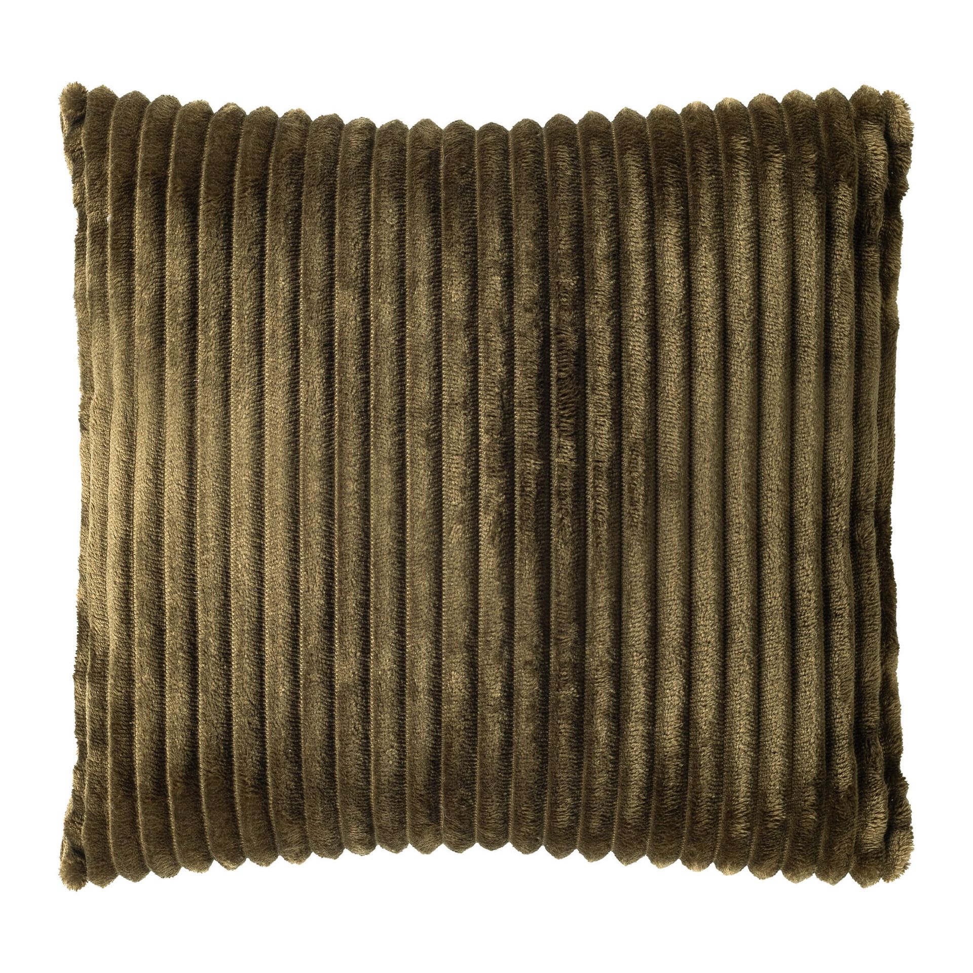 Een vierkant, donker olijfgroen sierkussen met een gestructureerd, verticaal geribbeld corduroy patroon.