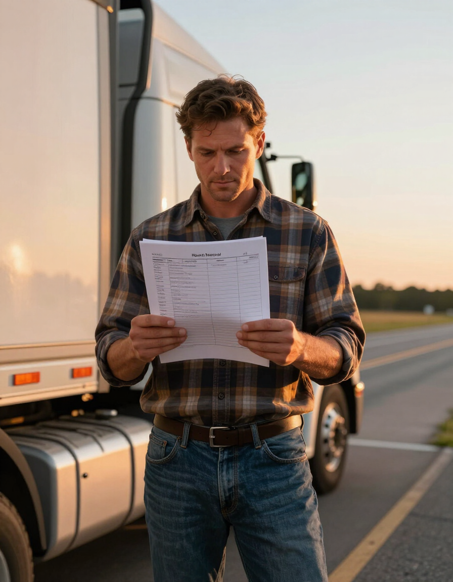 Truck driver reviewing hours logbook