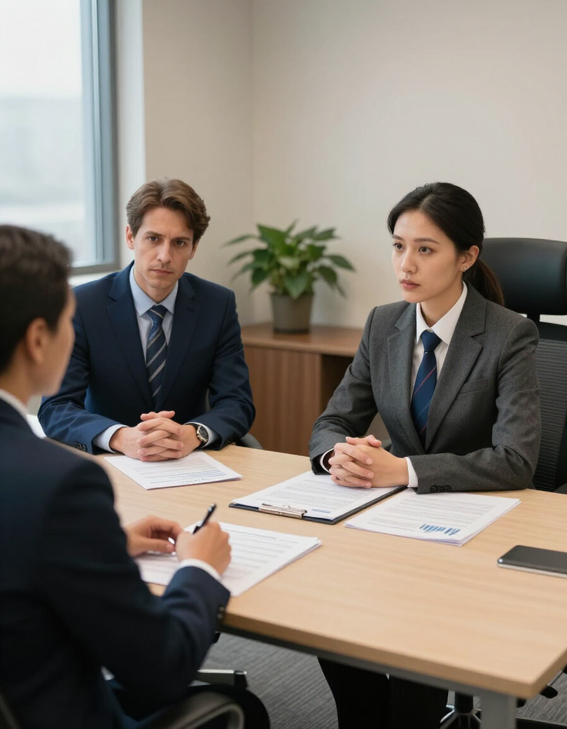 Professional HR investigation meeting with compliance specialists