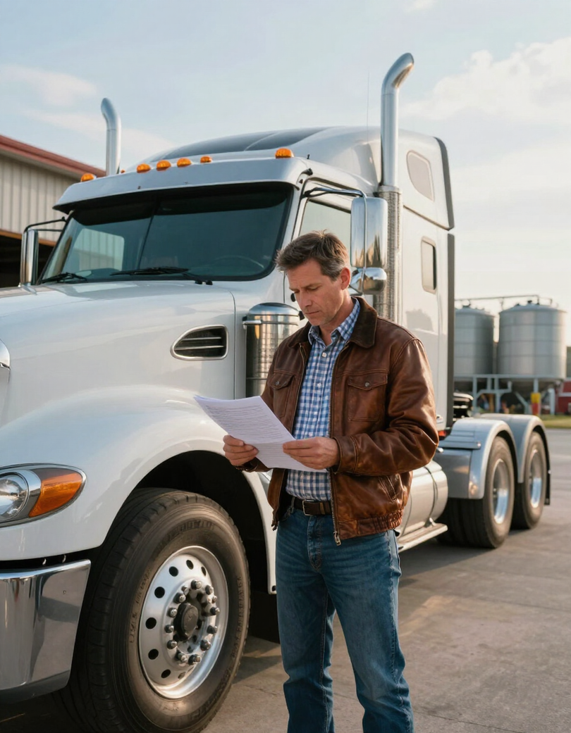 Owner-operator driver reviewing compliance paperwork beside their truck