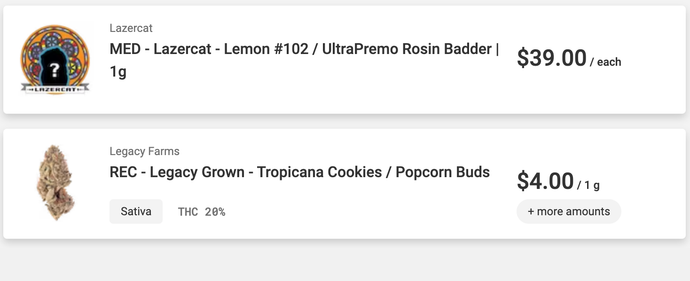 A screenshot of a website showing two products for sale.
