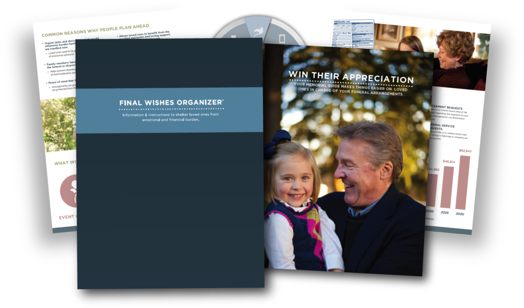 A business brochure and accompanying documents with a man and child on the cover. Blue, white, and teal colors.