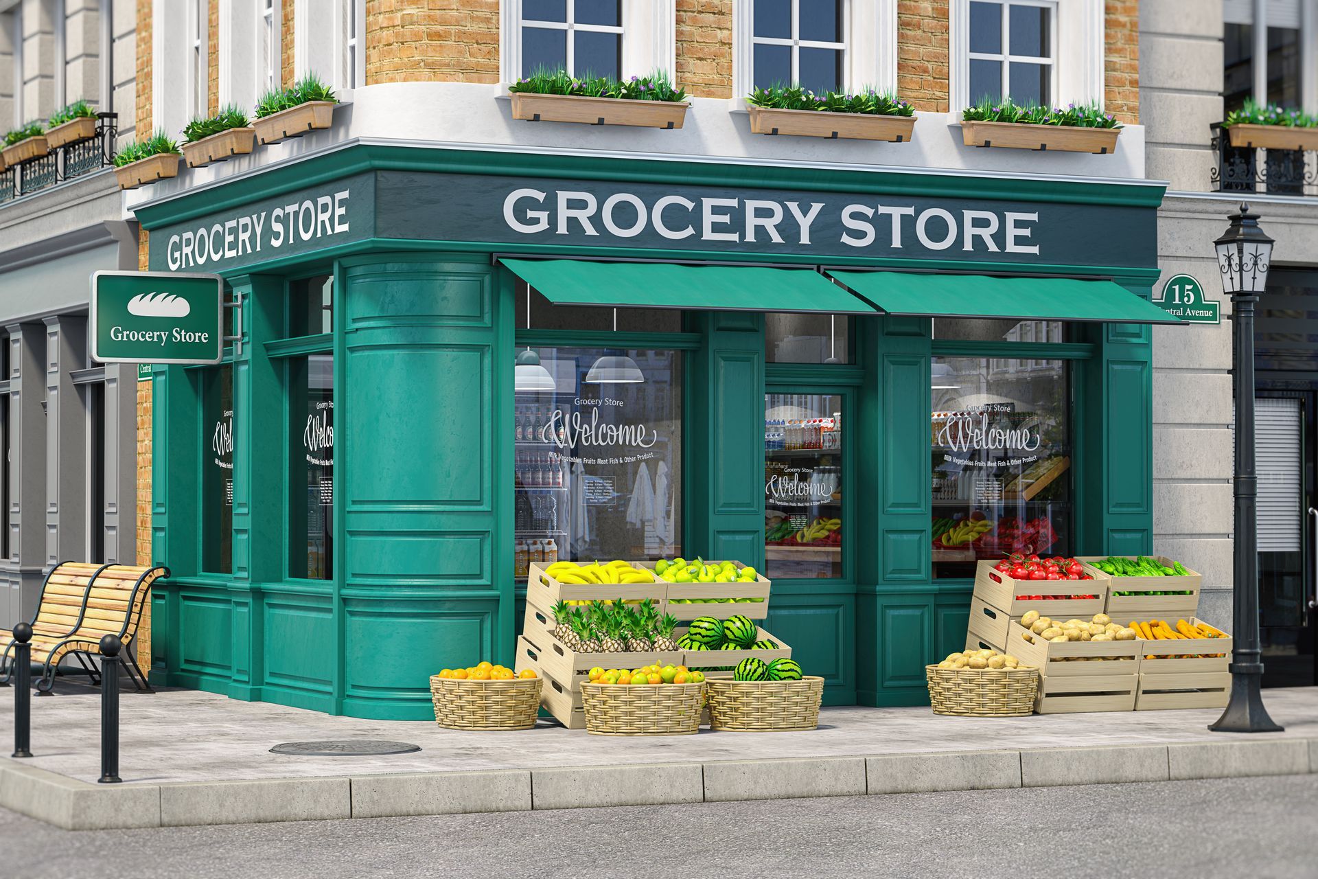Green corner grocery store with produce baskets and flower crates outside a storefront