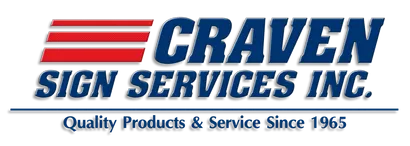 Craven Sign Services Inc. logo with red and blue text and stripes, “Quality Products & Service Since 1965” beneath.