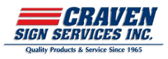 Craven Sign Services Inc. logo with red and blue text and stripes, “Quality Products & Service Since 1965” beneath.
