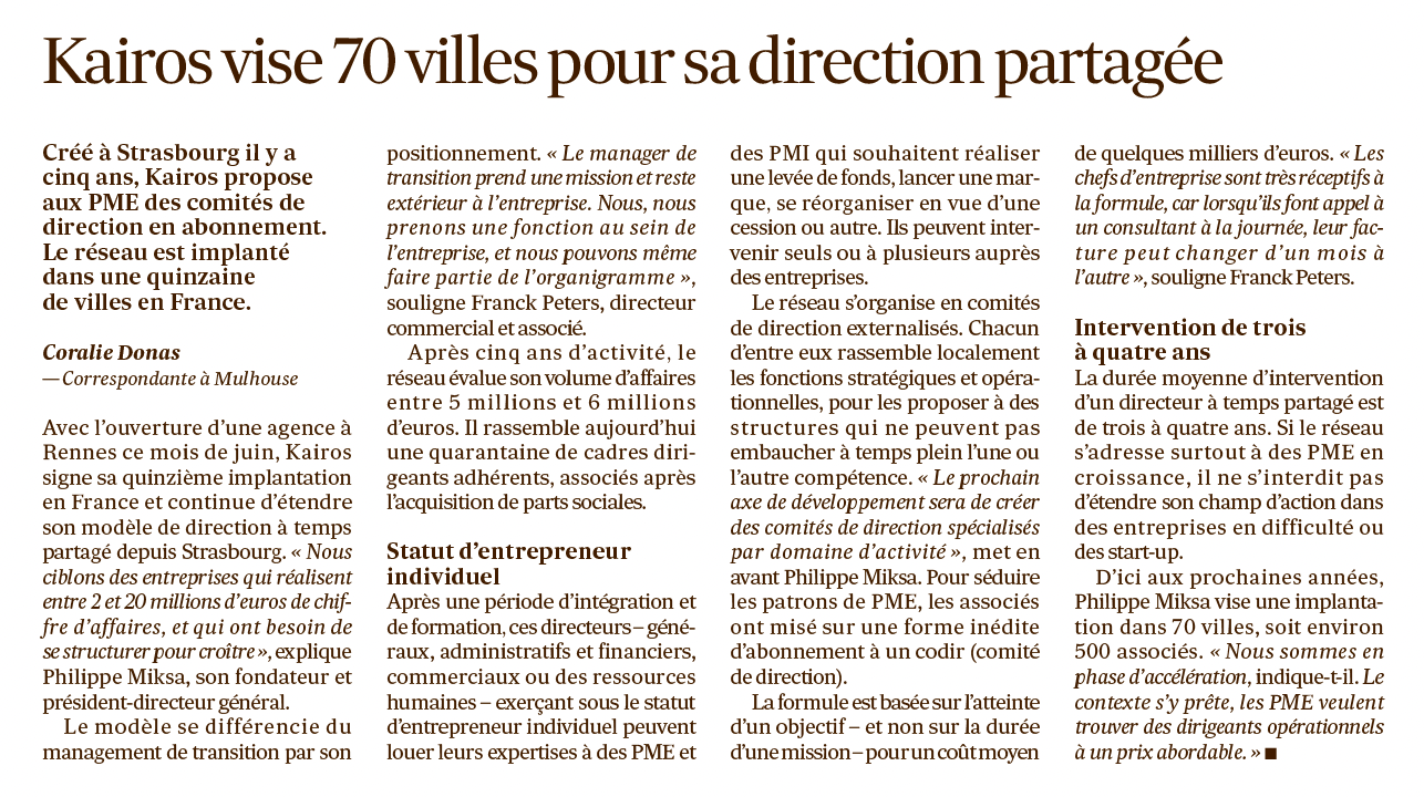 Article de journal : Kairos vise 70 villes avec une stratégie de gestion partagée.
