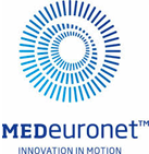 Le logo de medeuronet est un cercle bleu d'où sortent des rayons.