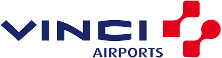 Le logo de vinci airports est bleu et rouge.