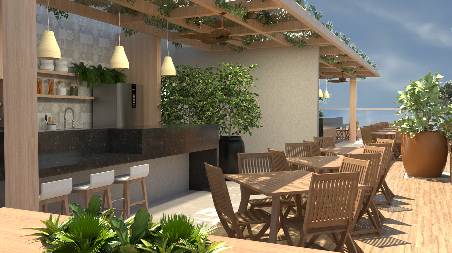 Bar e área de jantar ao ar livre com mesas de madeira, bancos altos e pérgola com iluminação suspensa.