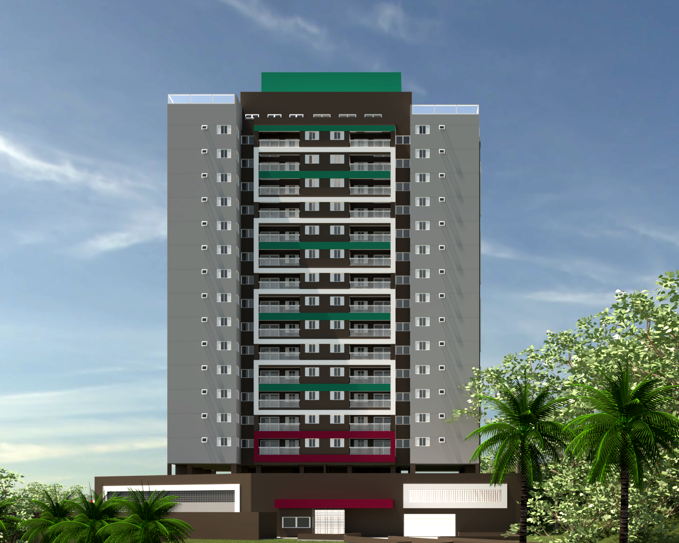 Prédio de apartamentos de vários andares com fachada cinza e detalhes em verde e bordô, sob um céu azul.