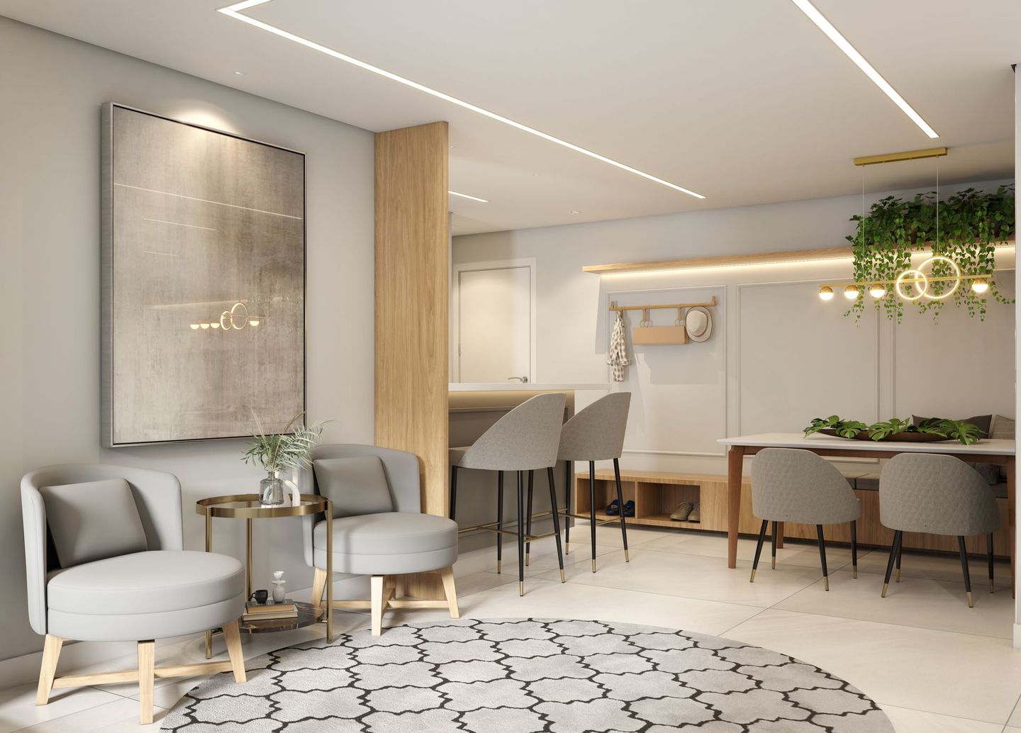 Sala de estar com móveis cinza, tapete redondo e área de jantar, com luz natural.