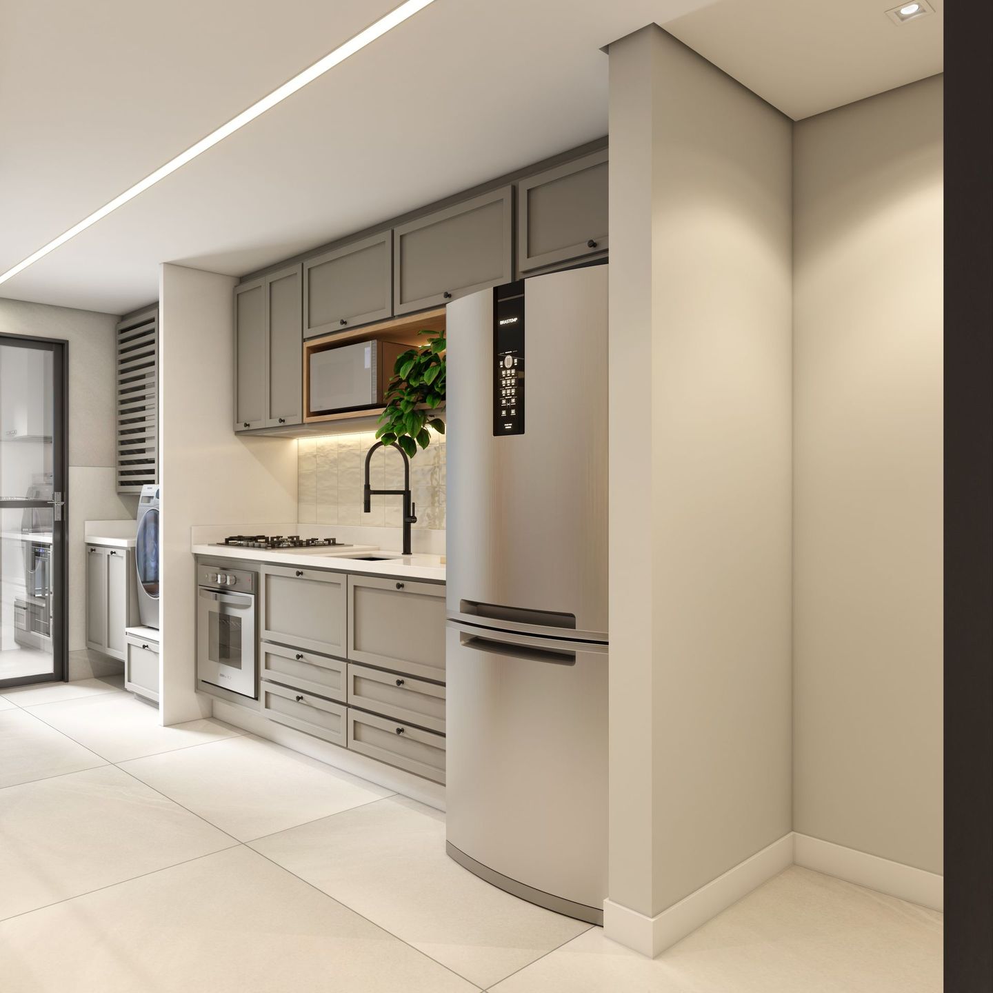 Cozinha moderna com armários cinza, geladeira de aço inoxidável e piso de azulejo branco.