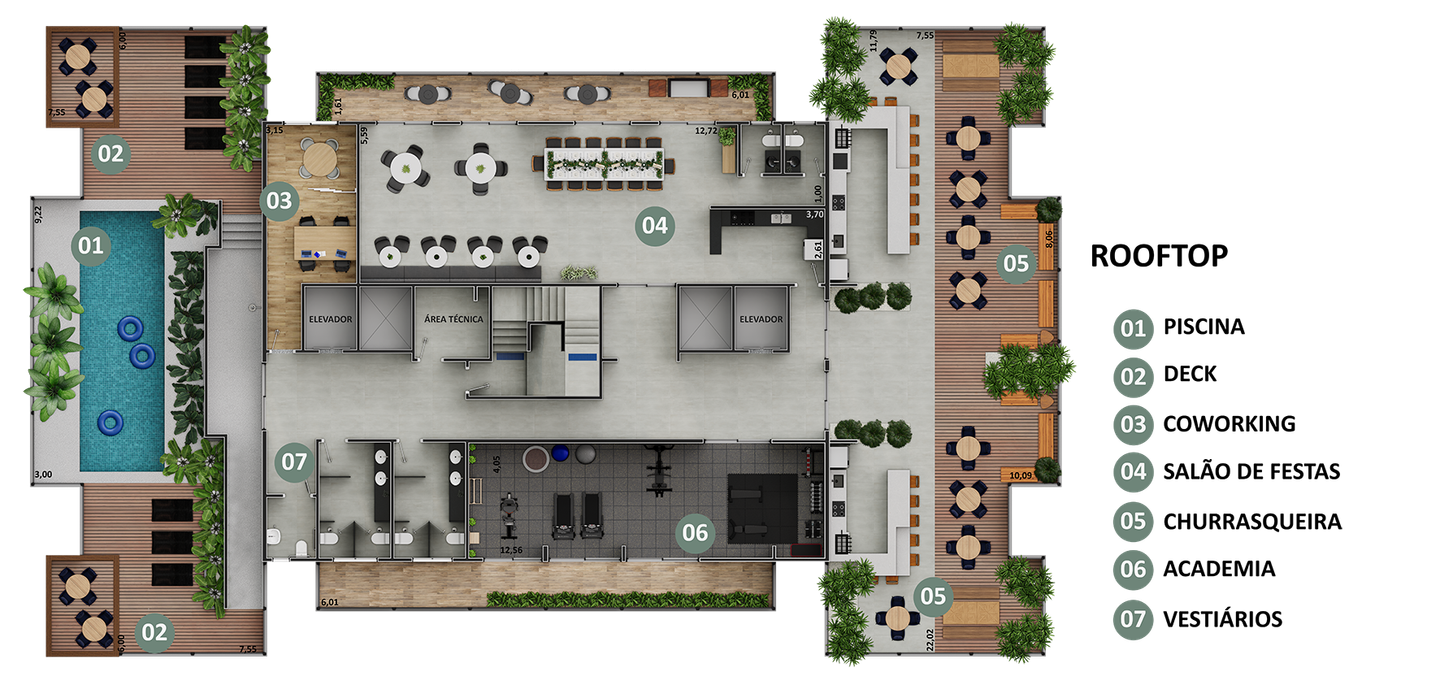 Planta para cobertura com piscina, deck, sala de conferências, academia, bar e áreas de estar.