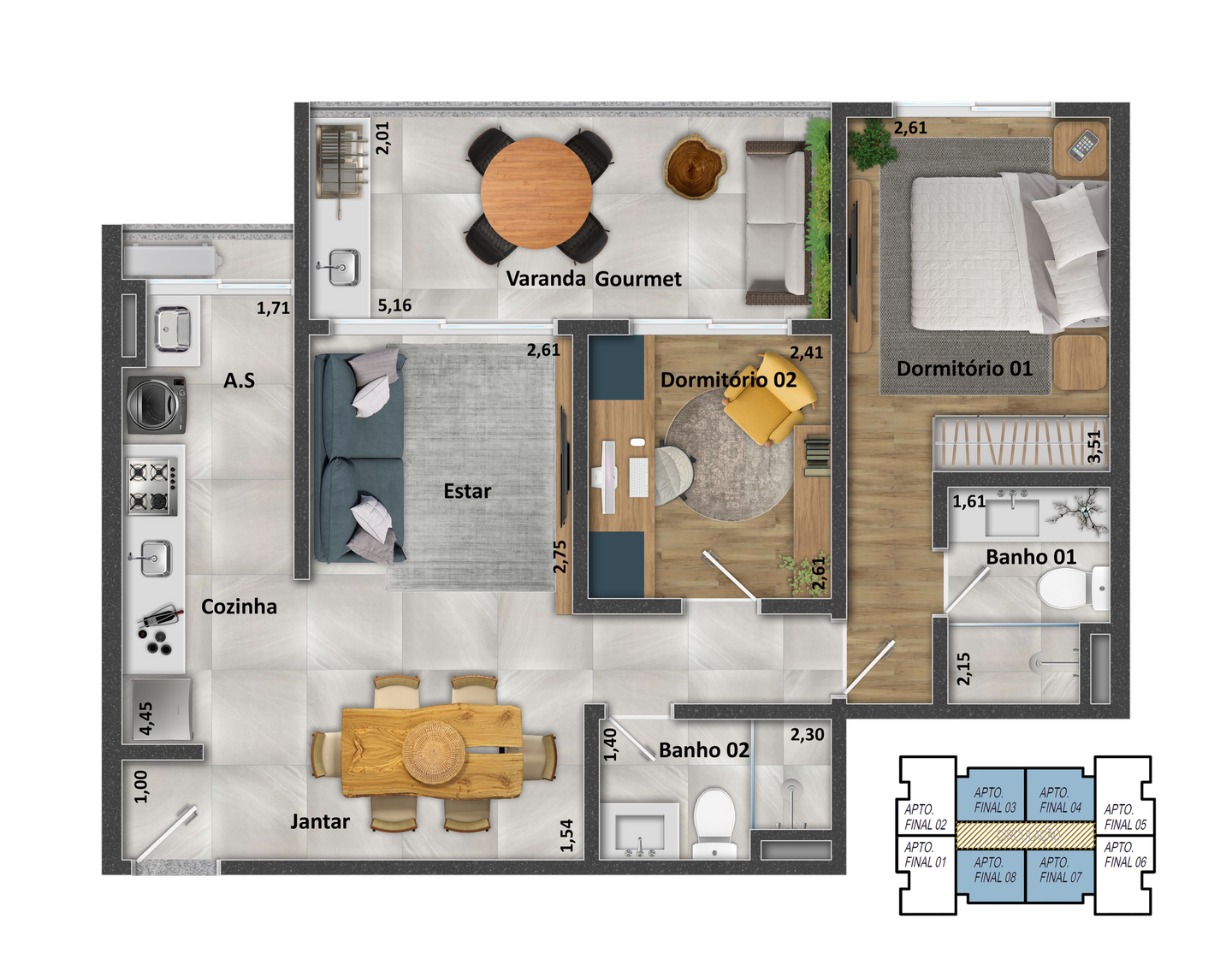Planta baixa de um apartamento, mostrando cômodos como quarto, sala de estar e cozinha.